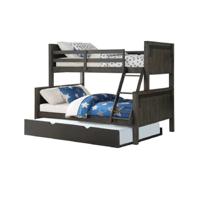 Donco Kids Twin/Full Bunk Bed In City Shadow Finish With Twin Trundle Bed In Low Sheen Black Finish 0118-TFCS_503-BK