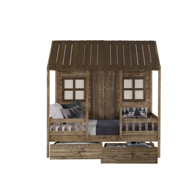 Donco Kids Twin Front Porch Low Loft In Rustic Driftwood Finish W/Dual Underbed Drawers 1899-TRD_1897-RD