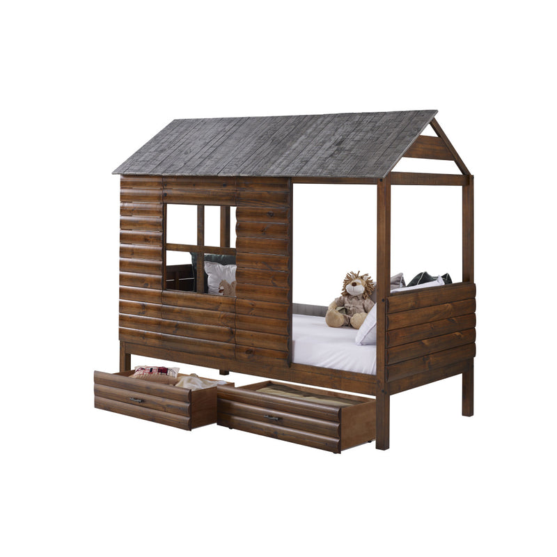 Donco Kids Twin Log Cabin Low Loft In Rustic Walnut/Silver W/Dual Underbed Drawers 2103-TRWRS_2105-RWRS